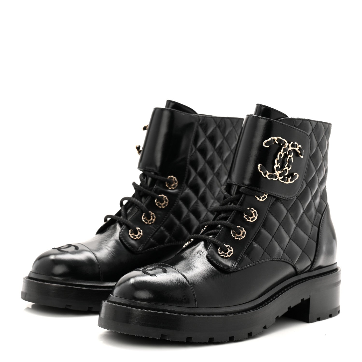 Chanel Shiny Calfskin Quilted Lace Up Combat Boots 39 Black 3 of 11