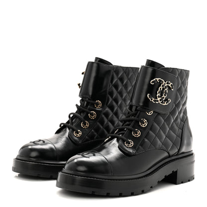 Chanel Shiny Calfskin Quilted Lace Up Combat Boots 39 Black 3 of 11