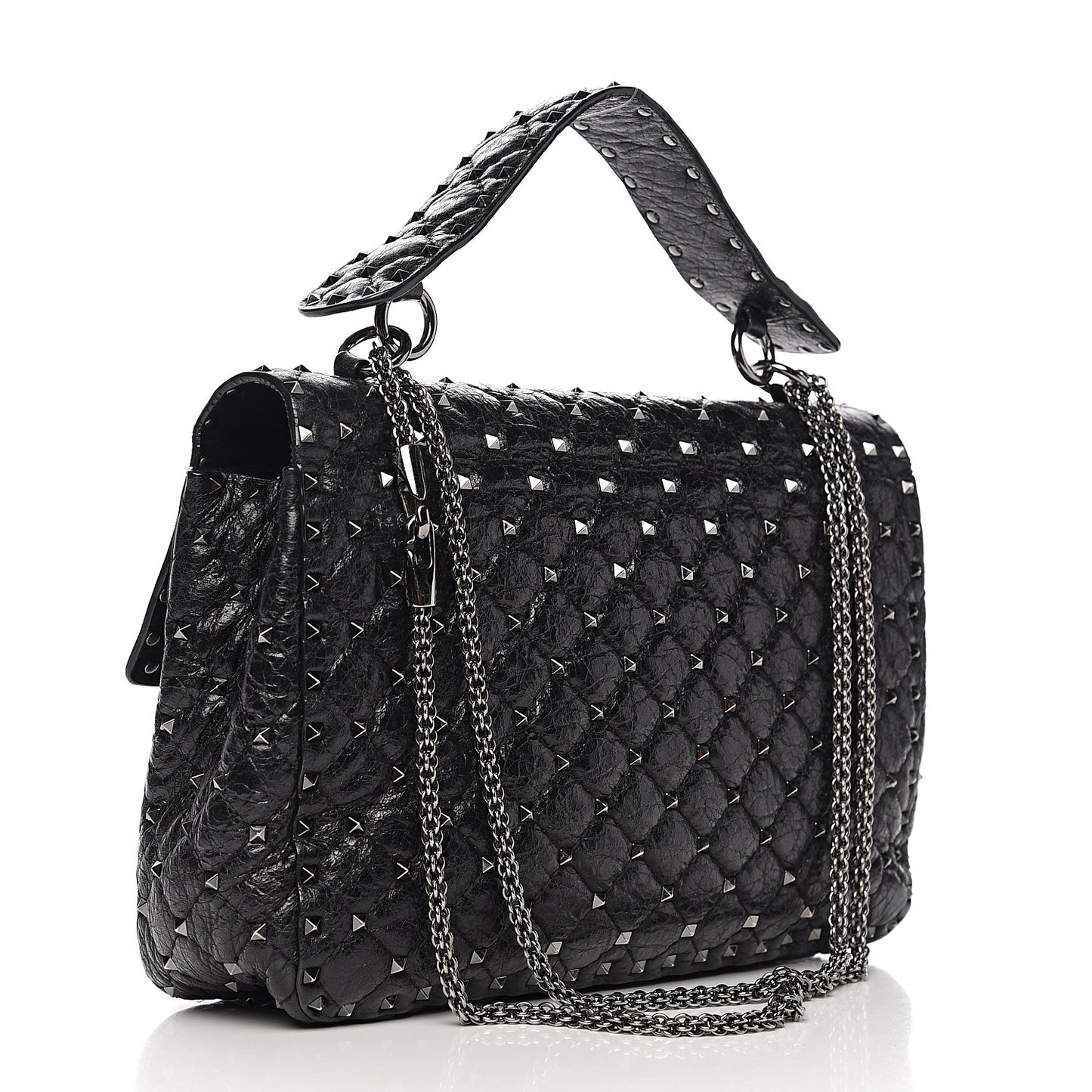 Craquele Nappa Large Rockstud Spike Shoulder Bag Black