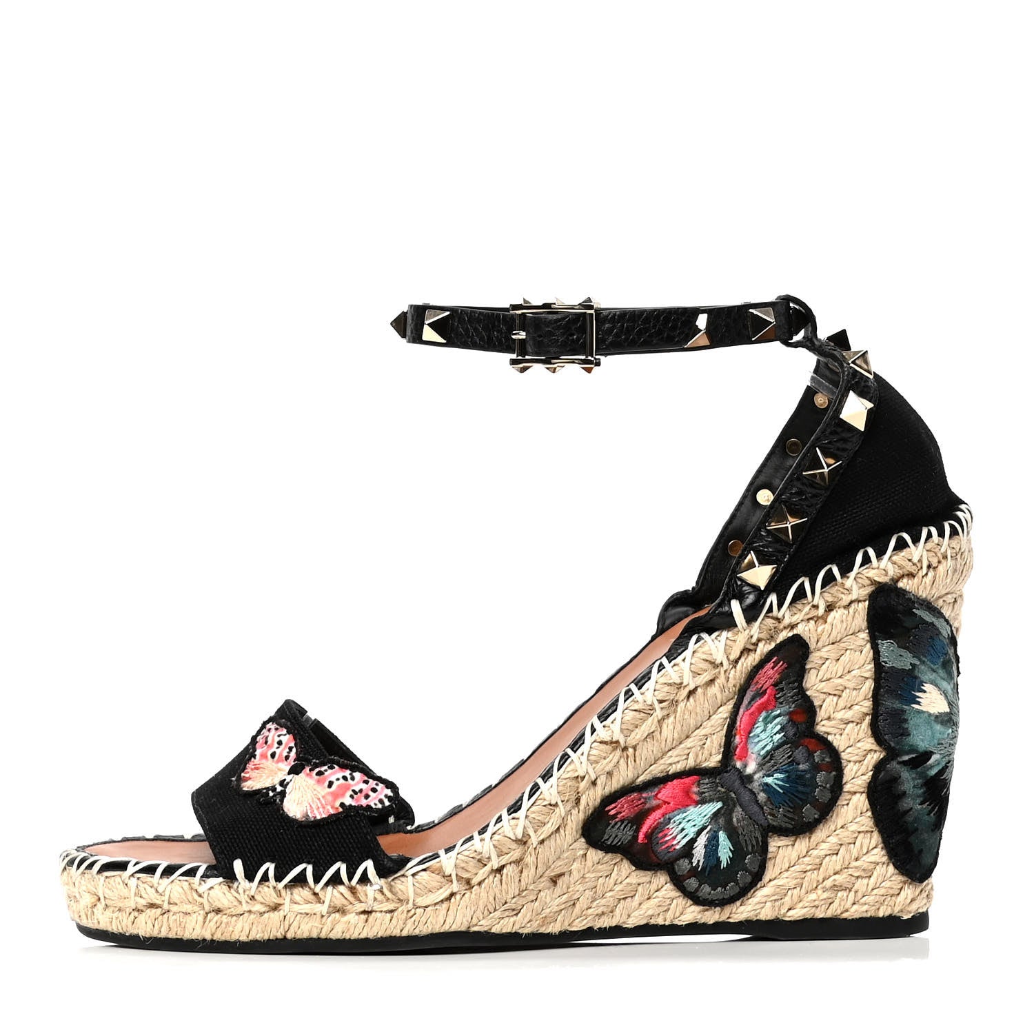Valentino Garavani Canvas Butterfly Embroidered Rockstud Ankle Strap Espadrille 15/105mm Wedge Sandals 39 Black 1 of 6