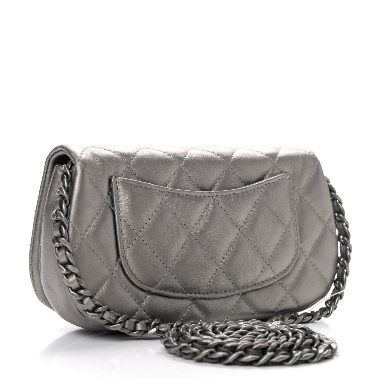 Metallic Calfskin Quilted Flap Clutch With Chain Ruthenium