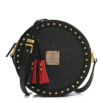MCM Monogram Coated Canvas Studded Berlin Tambourine Round Crossbody Black 1 of 11
