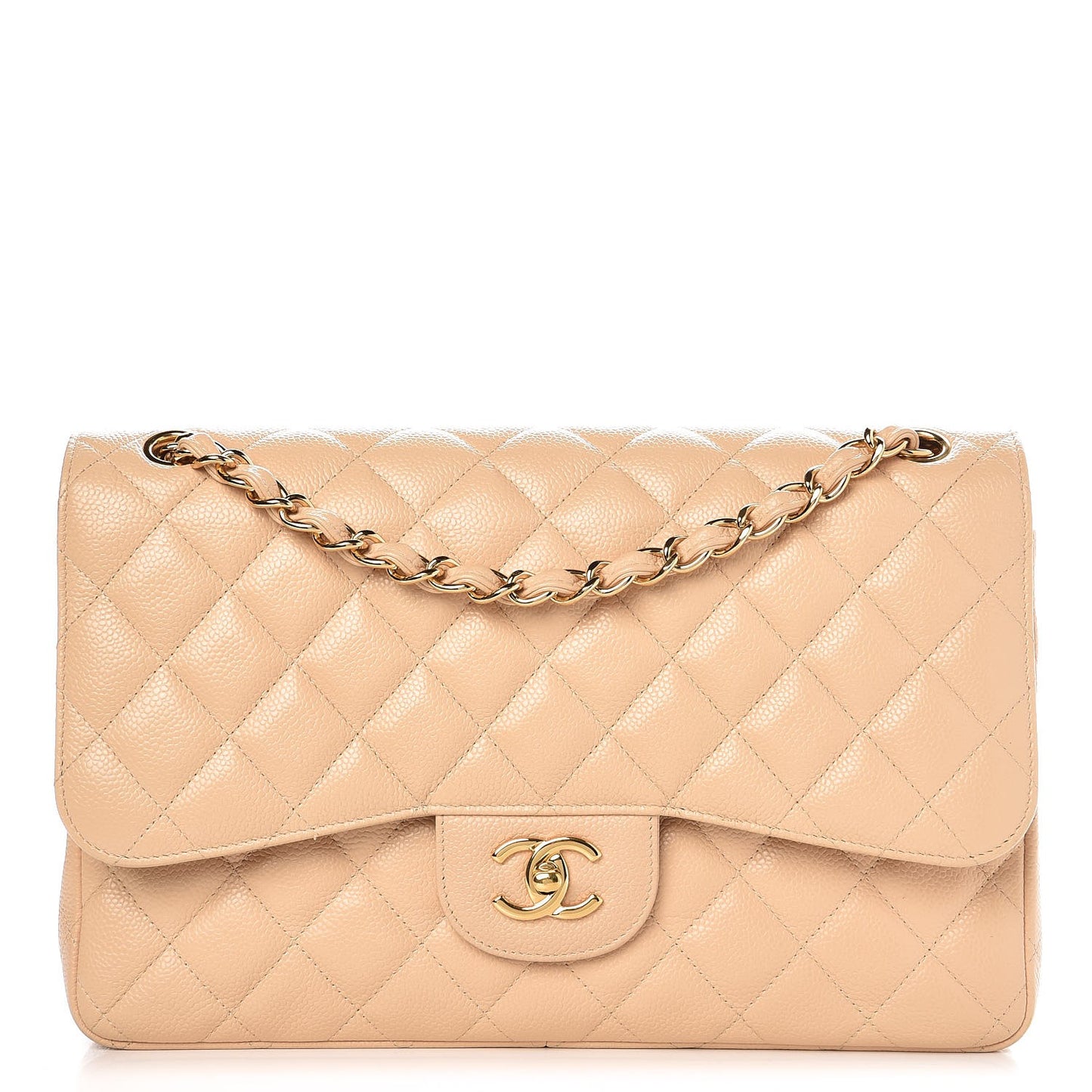 Caviar Quilted Jumbo Double Flap Beige