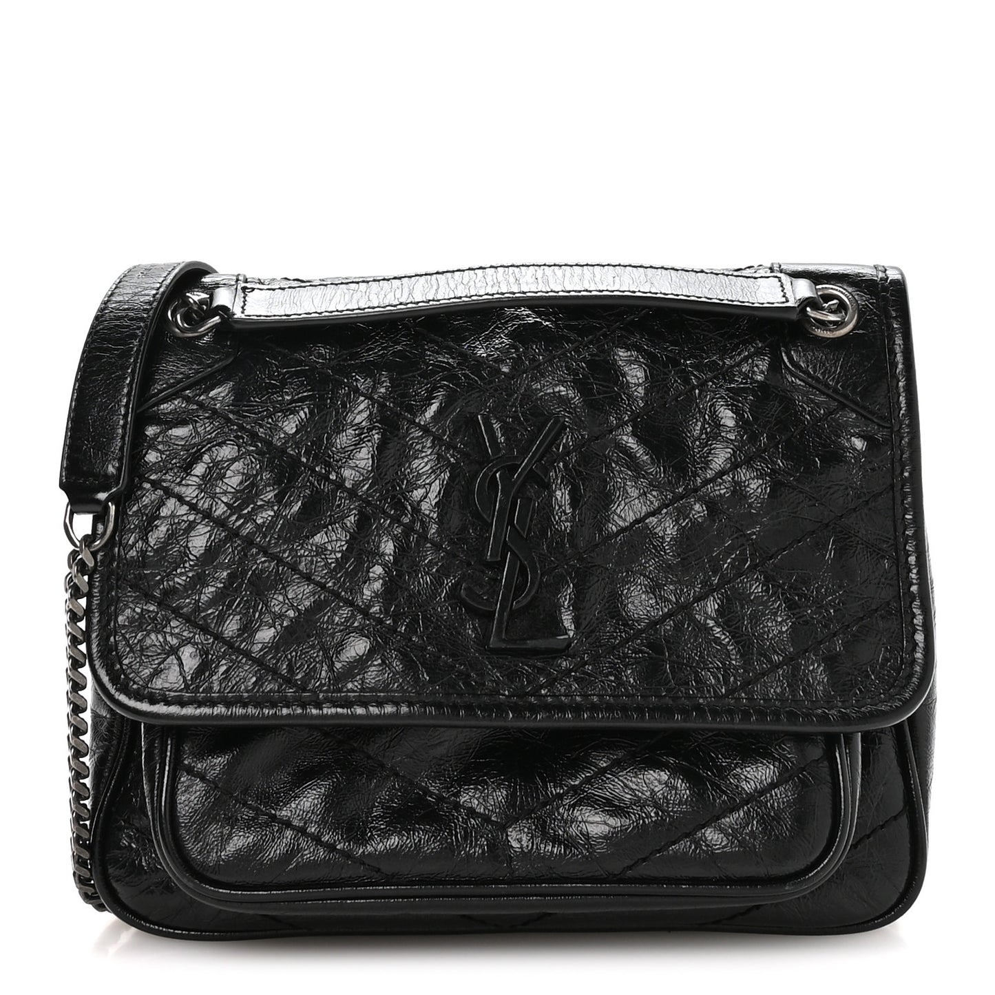 Crinkled Calfskin Matelasse Monogram Baby Niki Chain Satchel Black