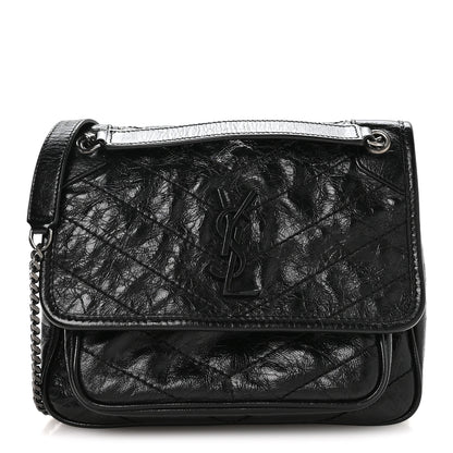 Saint Laurent Crinkled Calfskin Matelasse Monogram Baby Niki Chain Satchel Black 1 of 10