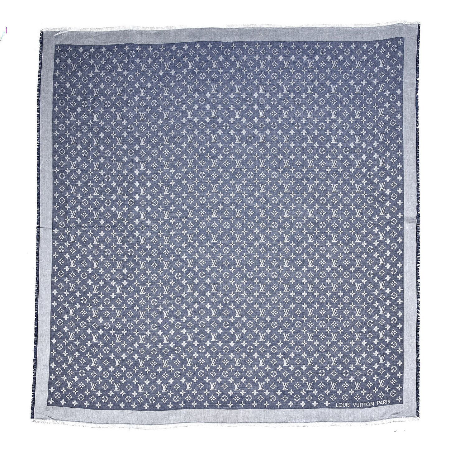 Wool Silk Monogram Denim Shawl Blue
