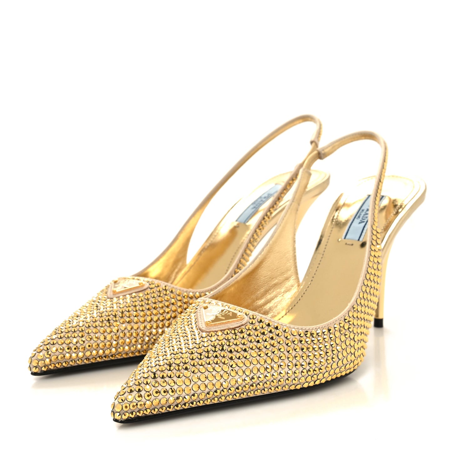 Satin Crystal Triangle Logo 85mm Slingback Pumps 38 Platino
