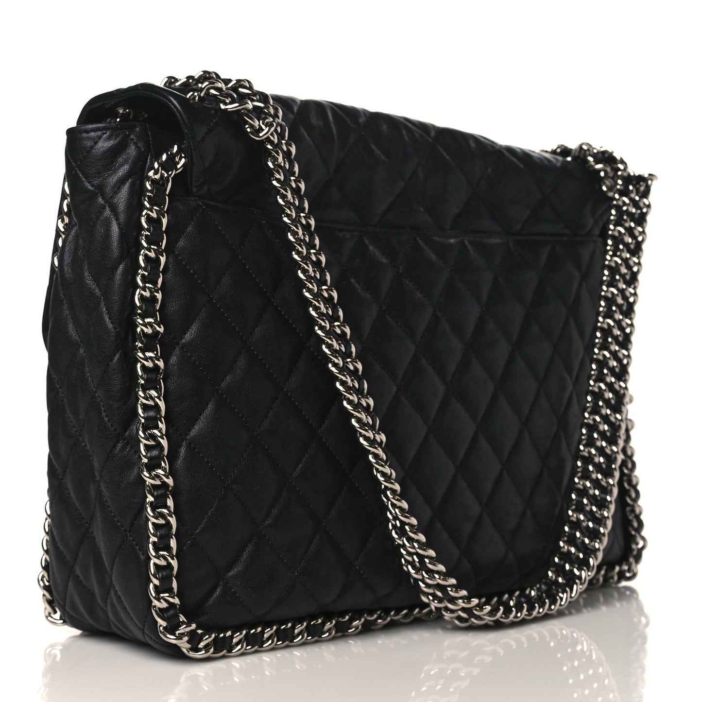 Washed Lambskin Quilted Maxi Chain Around Flap Black