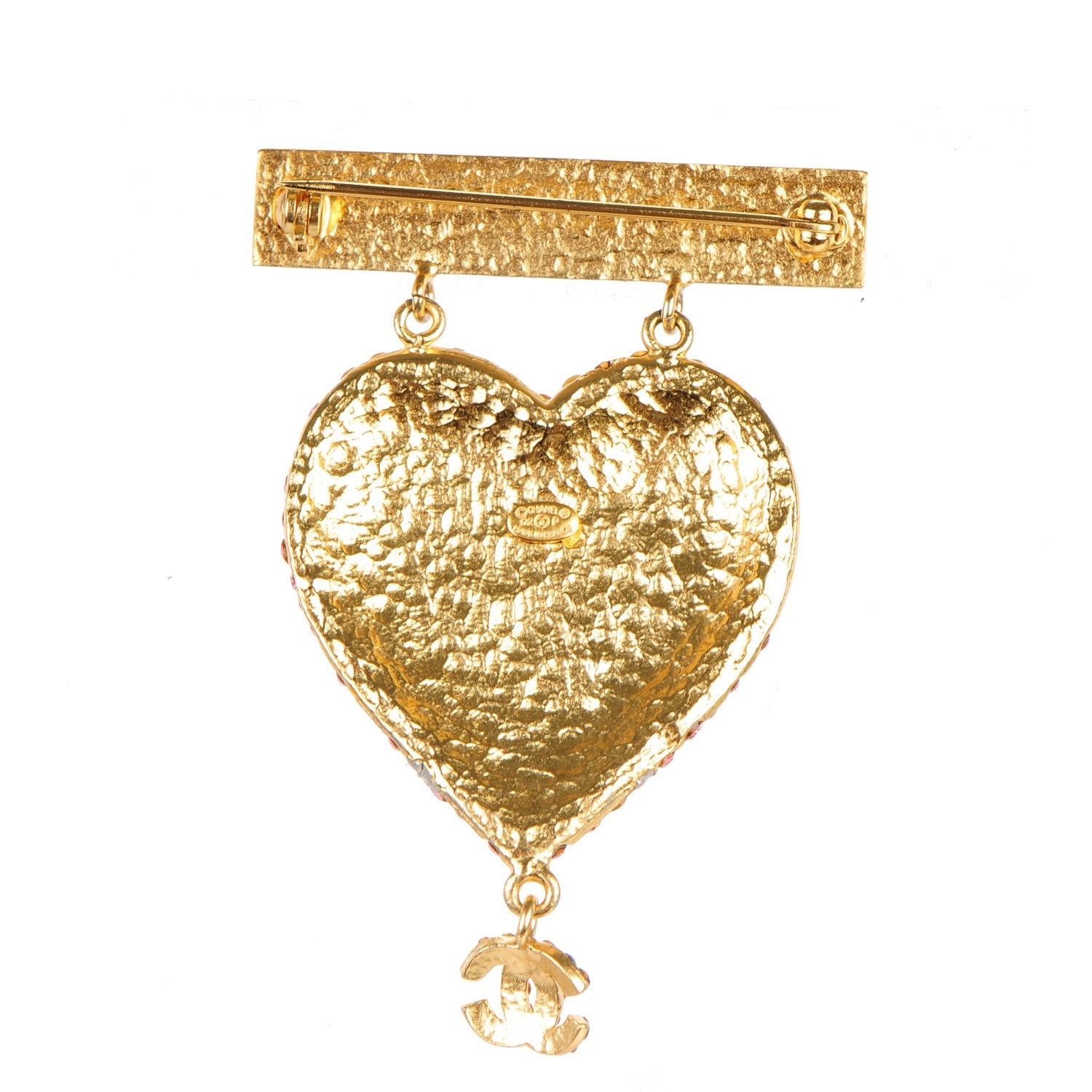 Chanel Crystal CC Mademoiselle Heart Brooch Pink Gold 3 of 4