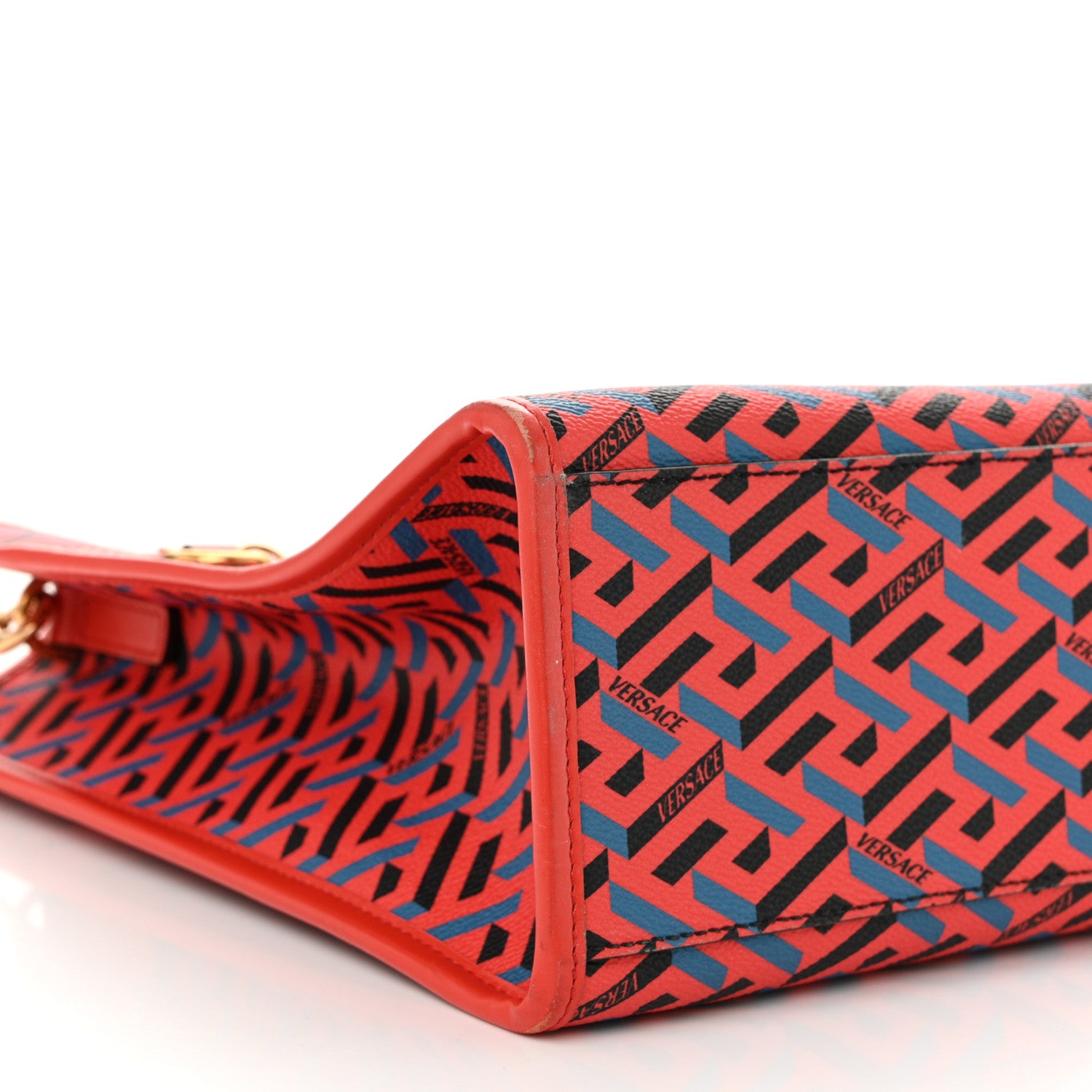 Versace Coated Canvas Calfskin La Greca Signature Tote Bag Blue Red 8 of 13