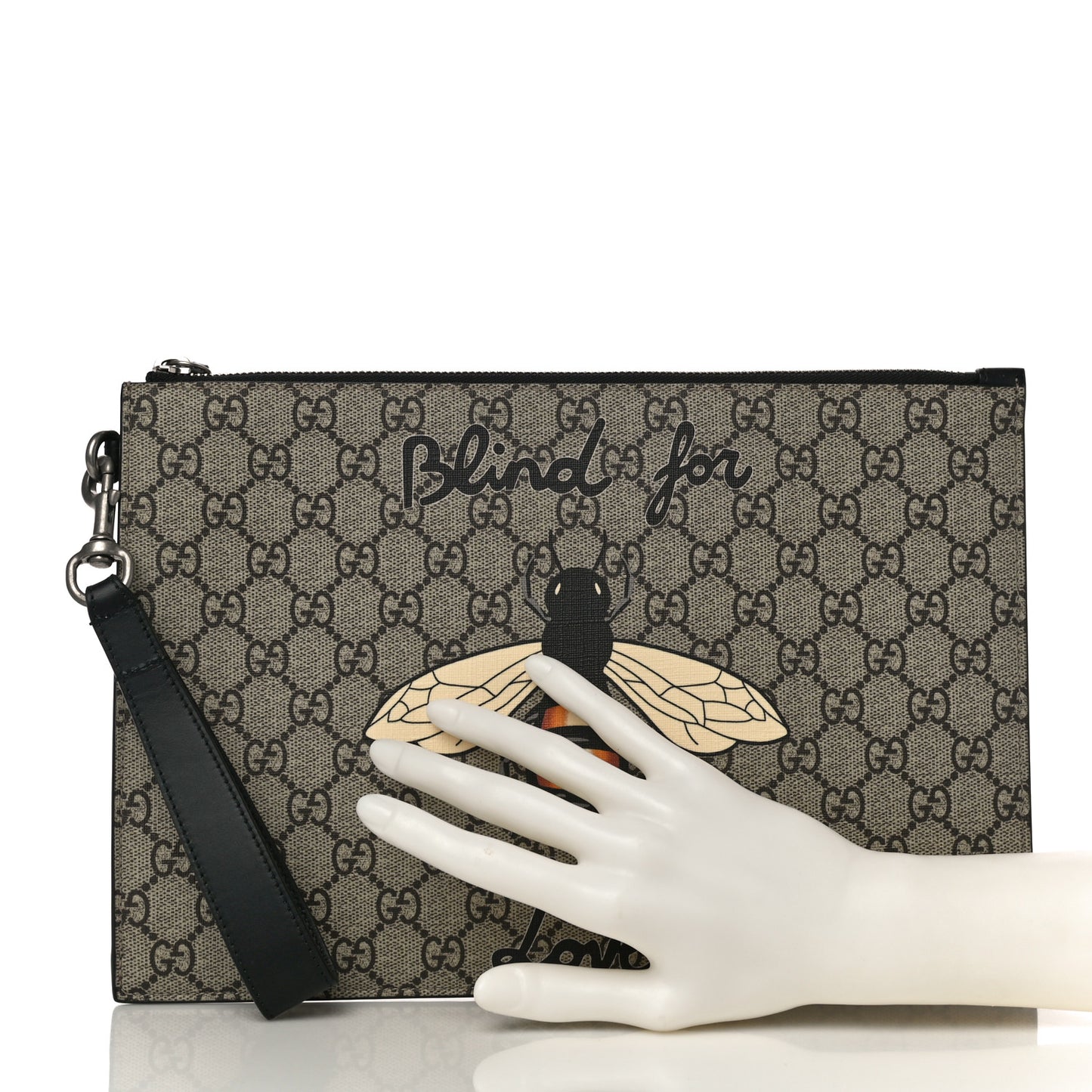 GG Supreme Monogram Blind For Love Wristlet Pouch Black