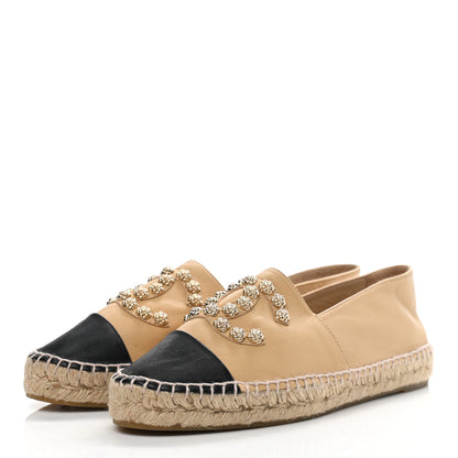 Chanel Lambskin CC Camellia Stud Espadrilles 40 Beige Black 3 of 13