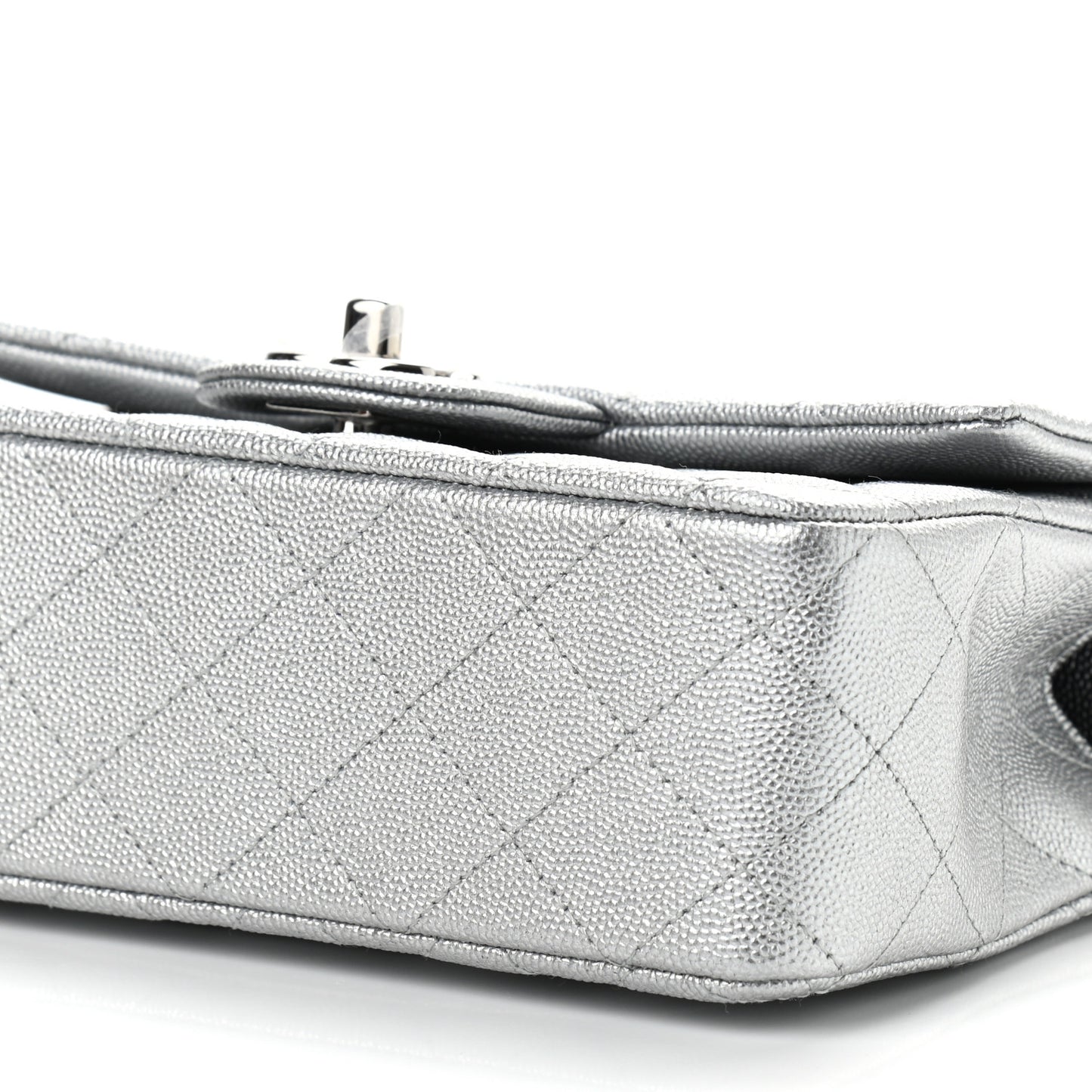 Metallic Caviar Quilted Mini Top Handle Rectangular Flap Silver