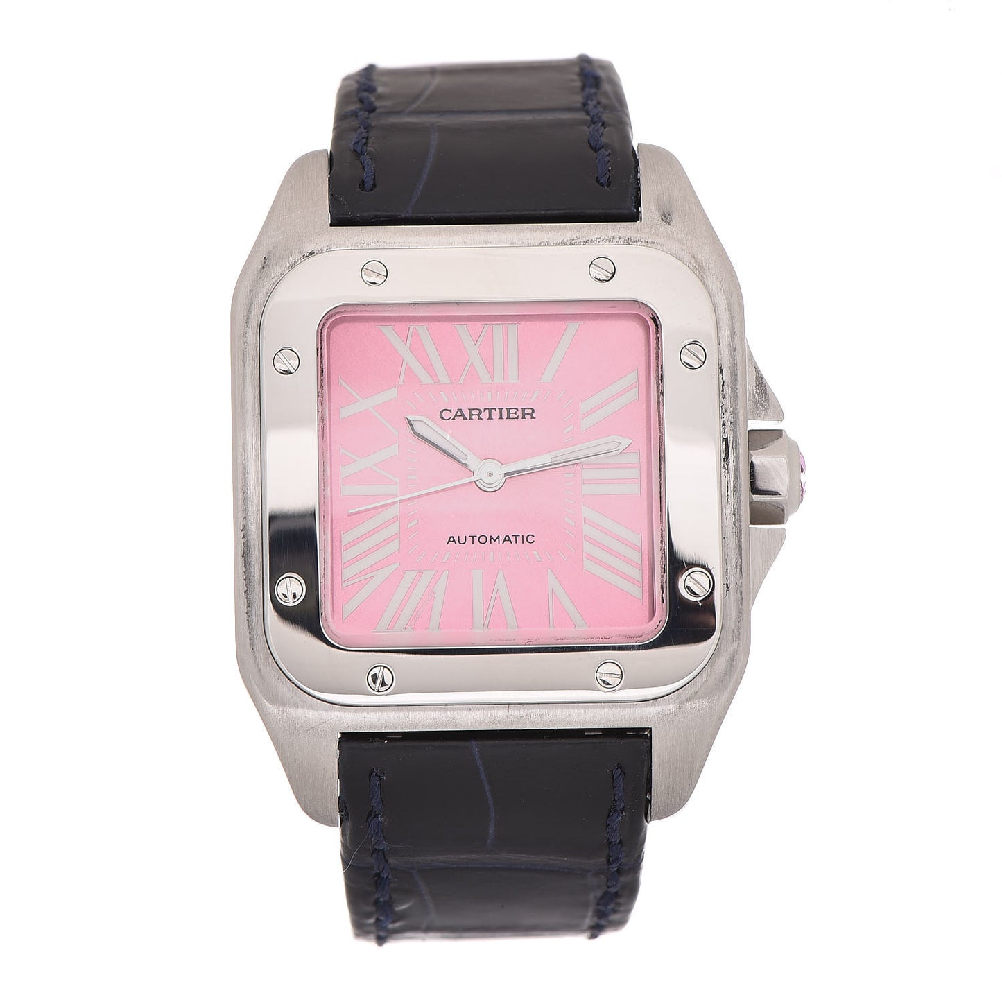 Stainless Steel Alligator 33mm Santos 100 Automatic Watch Pink