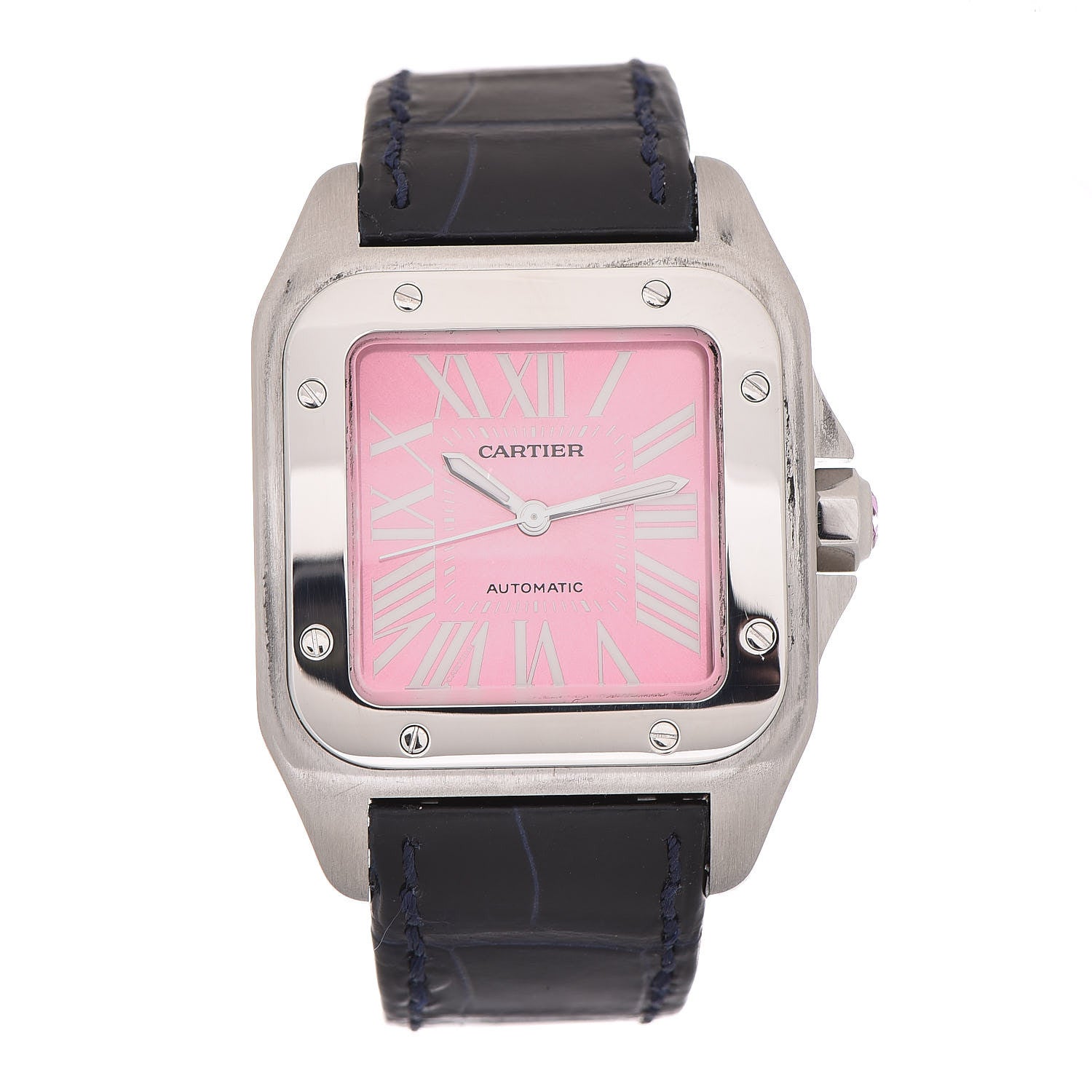 Cartier Stainless Steel Alligator 33mm Santos 100 Automatic Watch Pink 1 of 10