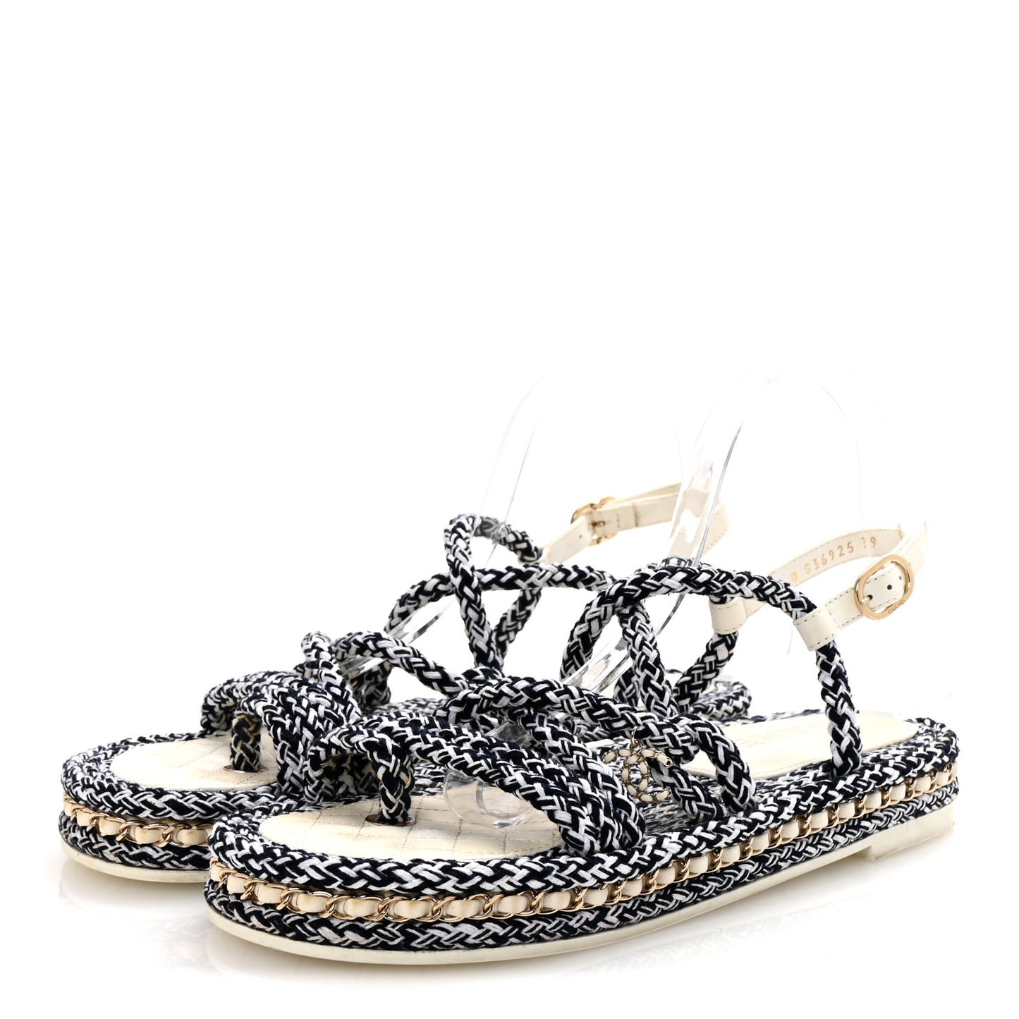 Cord Lambskin Quilted Logo Sandals 39 Navy Blue White