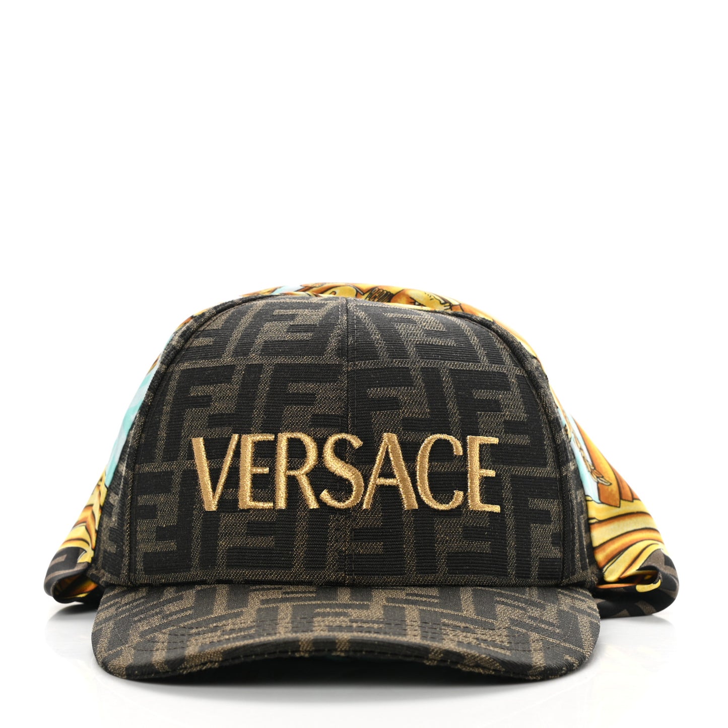 X VERSACE Silk FF Baroque Fendace Foulard Cap 59 Gold