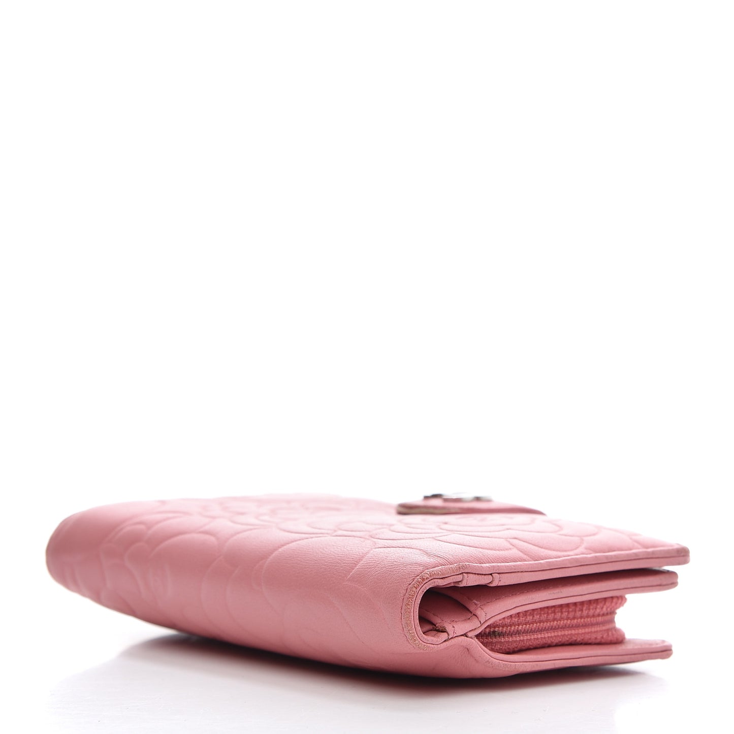Lambskin Camellia Embossed L-Zip Pocket Wallet Pink