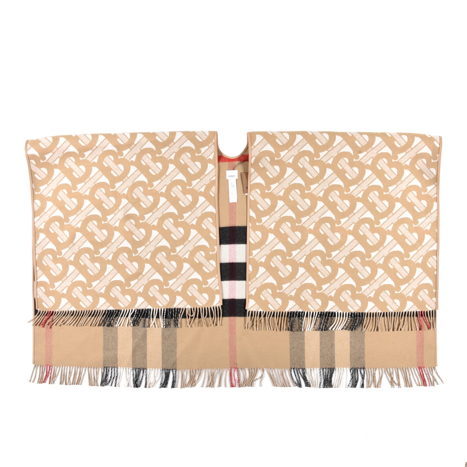 Burberry Cashmere TB Monogram Check Reversible Cape Scarf Archive Beige 1 of 4