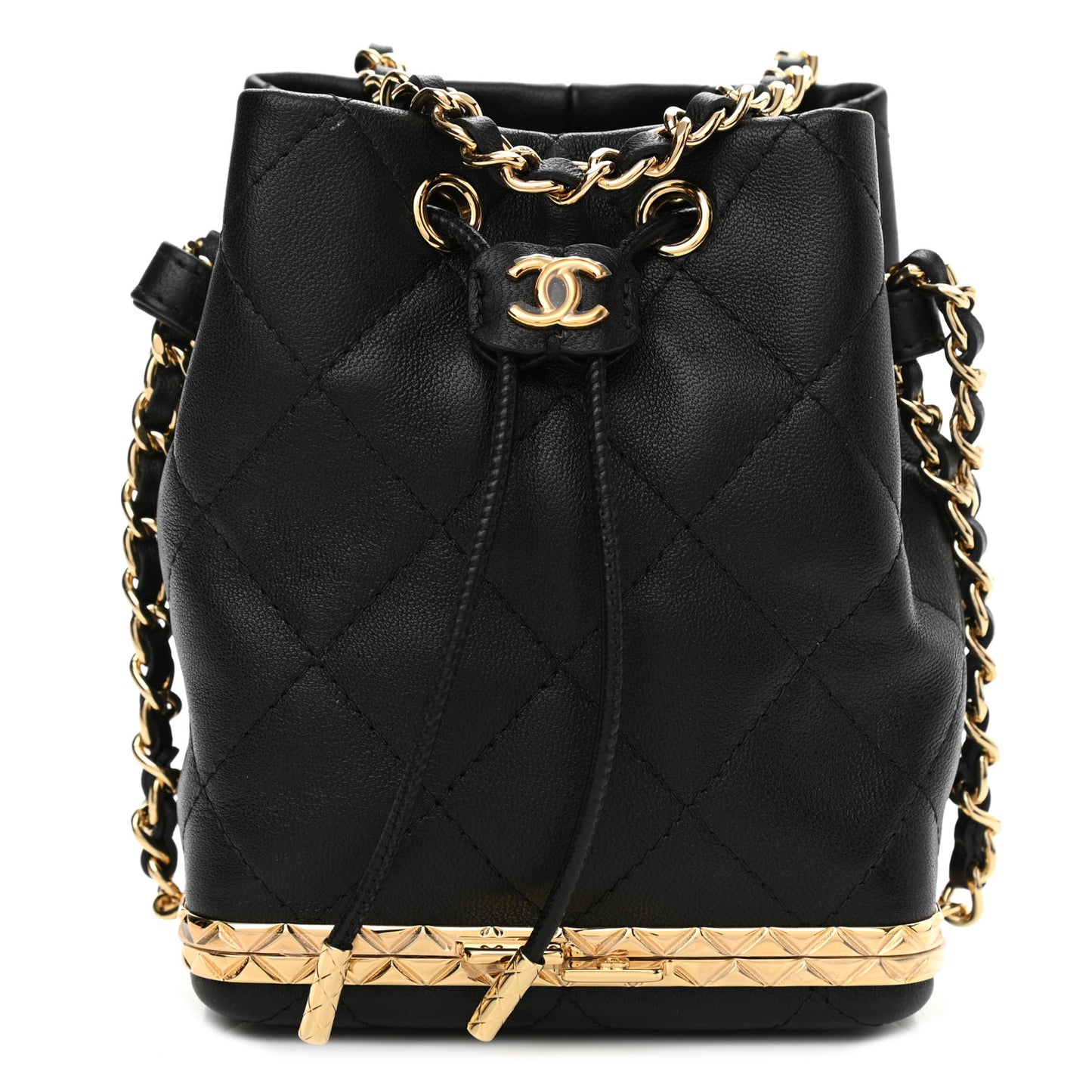 Metal Lambskin Quilted Small Chain Bucket Bag Black