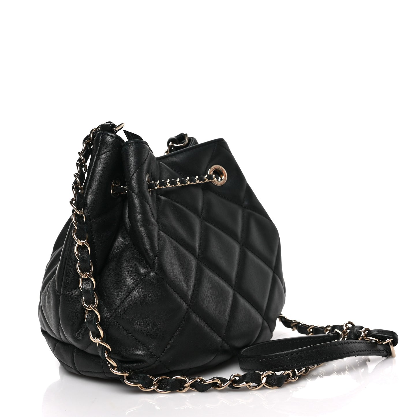 Lambskin Quilted CC Dweller Drawstring Bucket Bag Black
