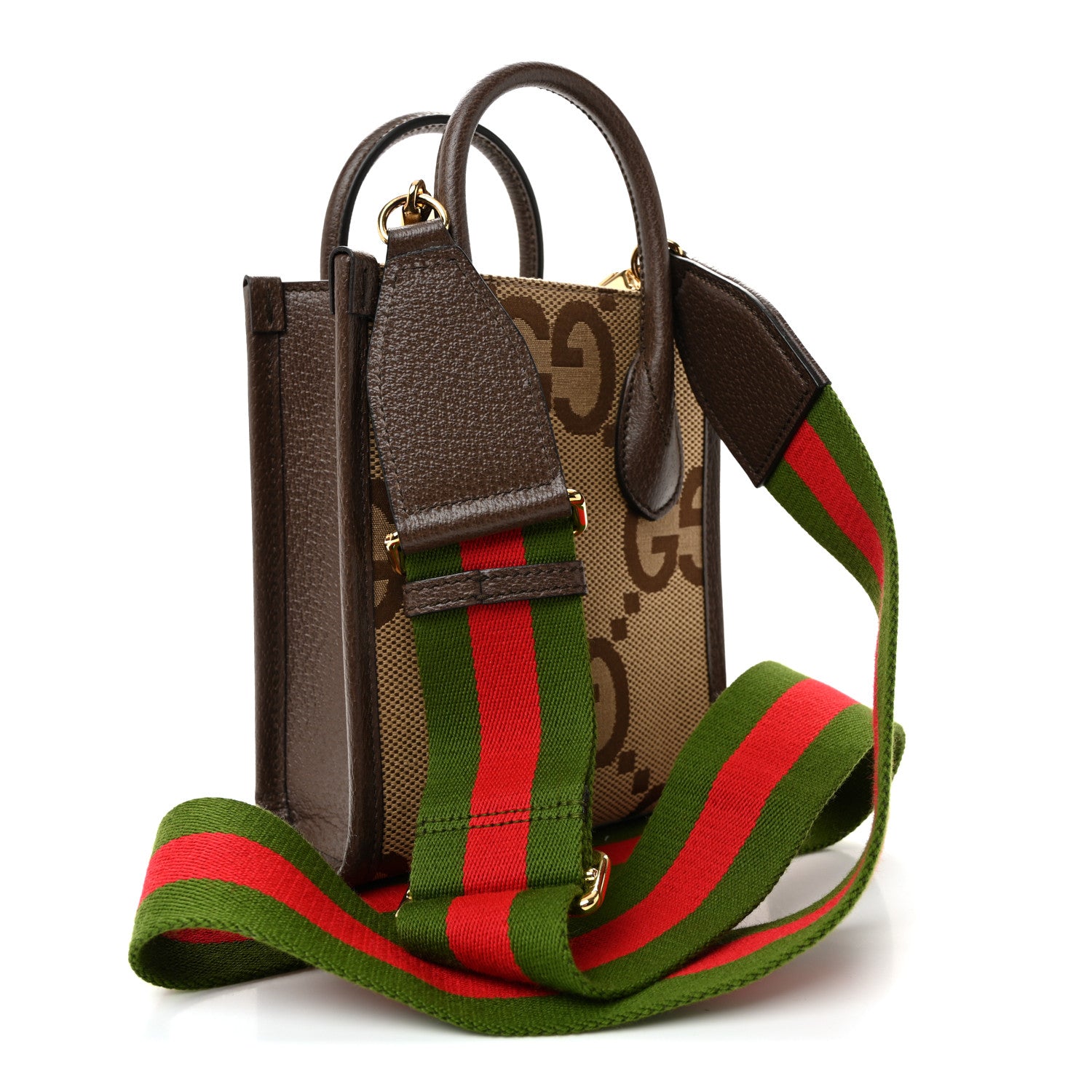 Gucci Monogram Jumbo GG Textured Dollar Calfskin Web Mini Vertical Tote Camel Ebony New Acero 3 of 9