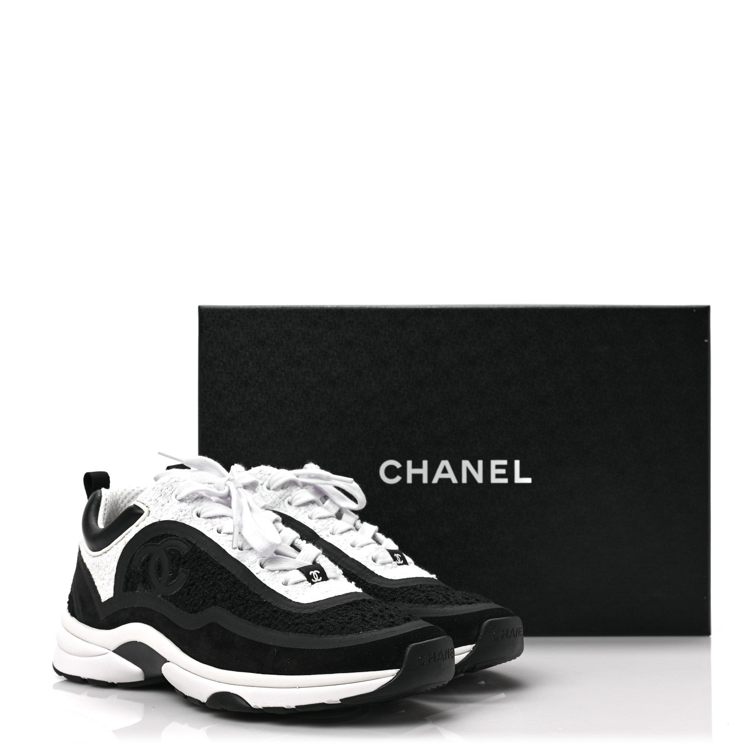 Chanel Tweed Suede Calfskin CC Sneakers 38 Black White 6 of 6