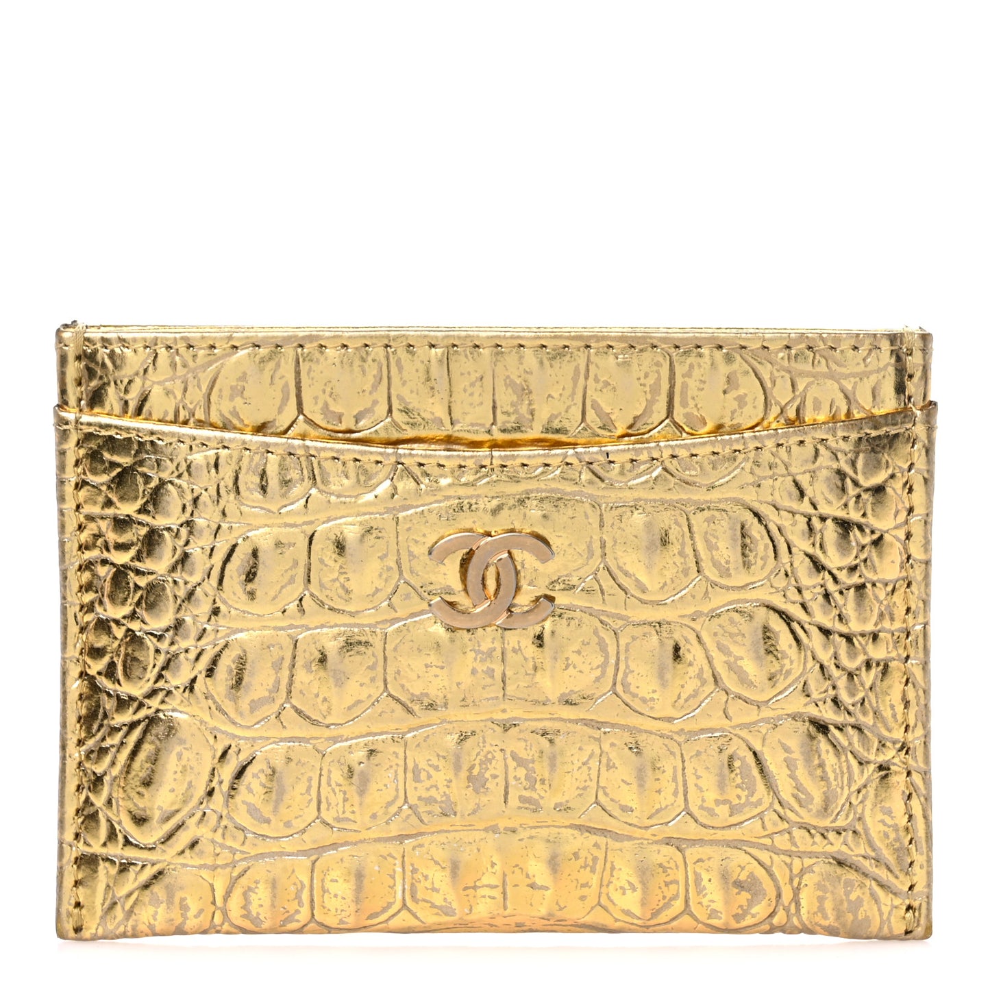 Metallic Calfskin Crocodile Embossed Cocodile Card Holder Gold