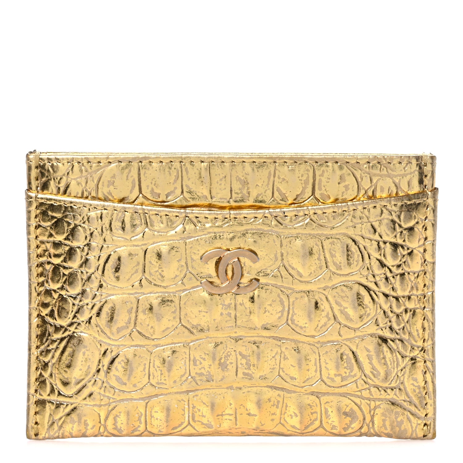 Chanel Metallic Calfskin Crocodile Embossed Cocodile Card Holder Gold 1 of 9