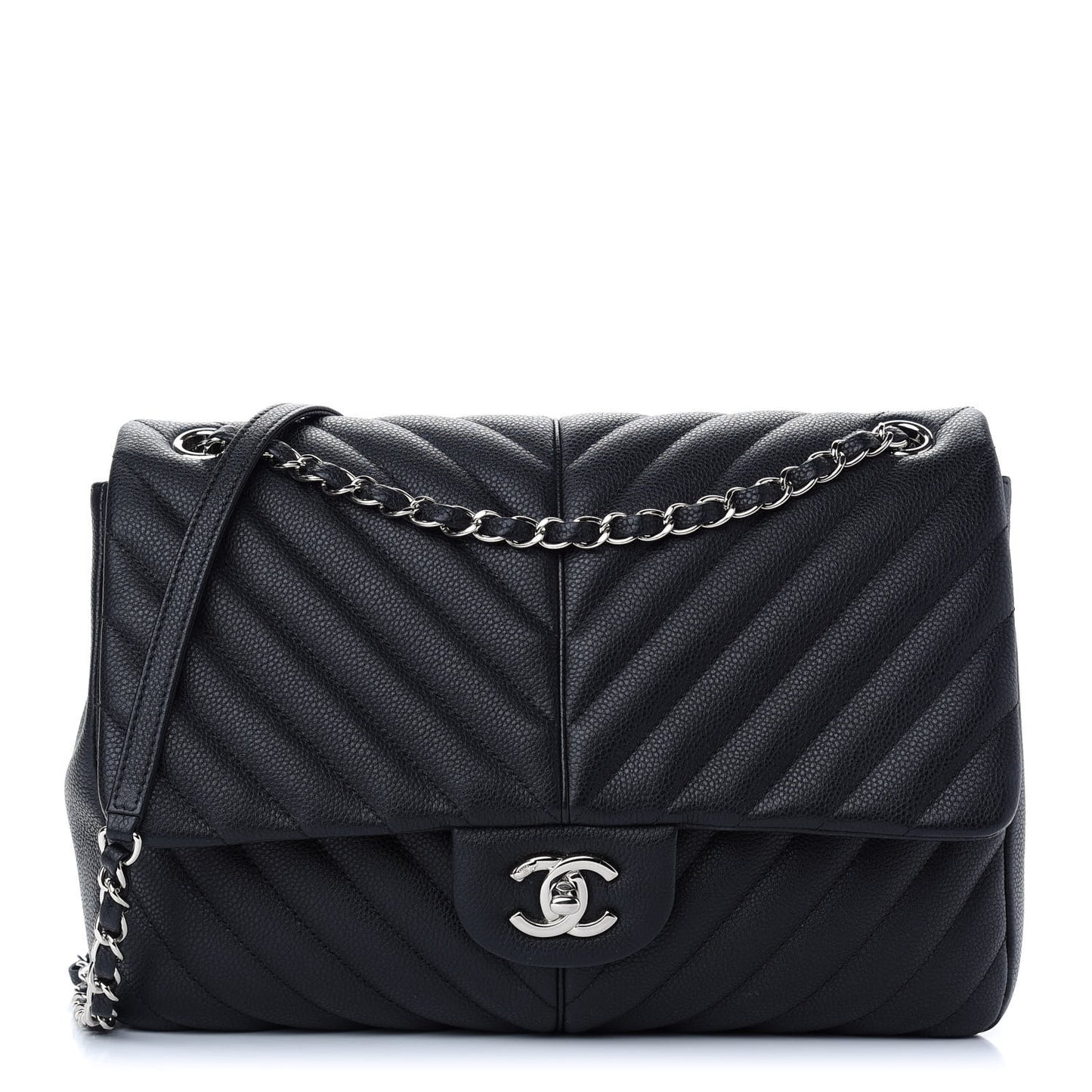 Caviar Chevron Quilted Large Puffy CC Flap Black