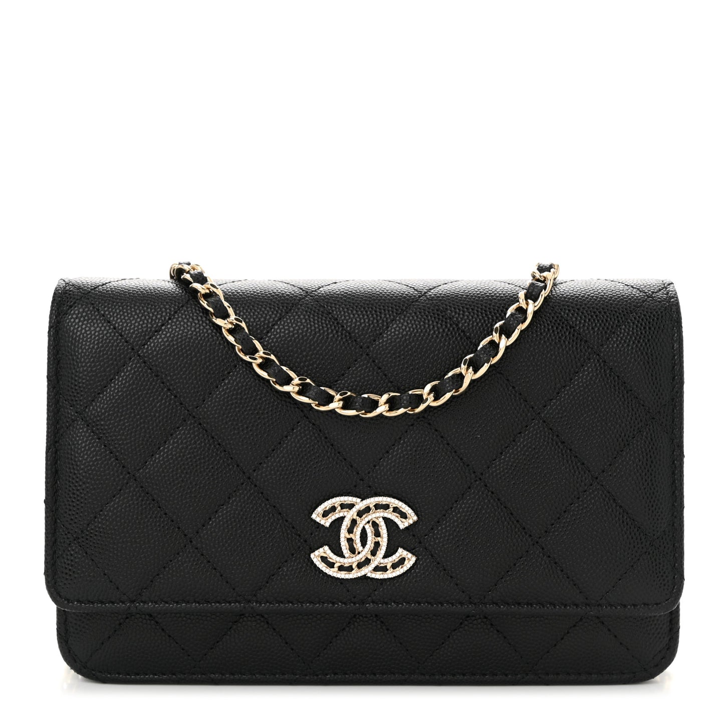 Caviar Quilted Crystal CC Wallet On Chain WOC Black