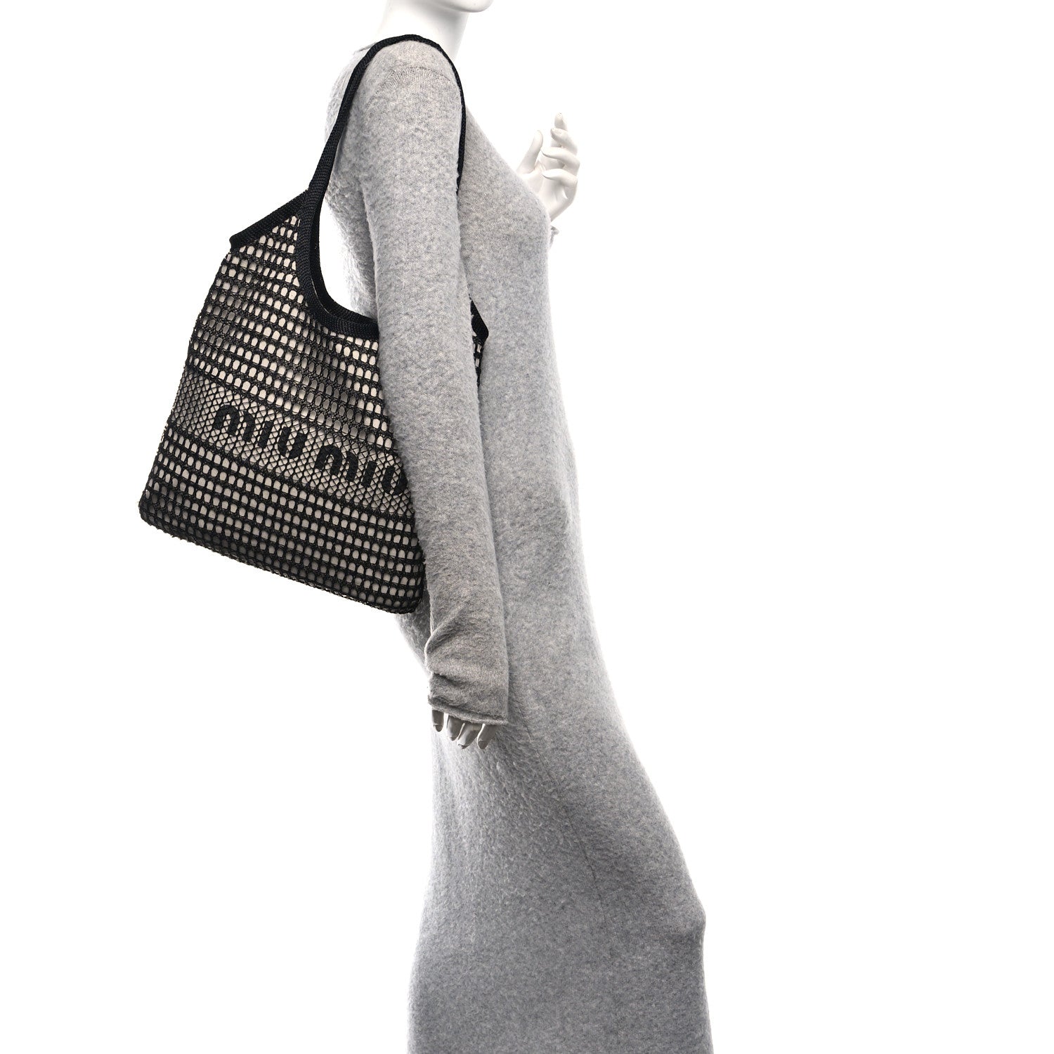 Miu Miu Raffia Effect Linen Logo Ivy Bag Black Natural 2 of 12