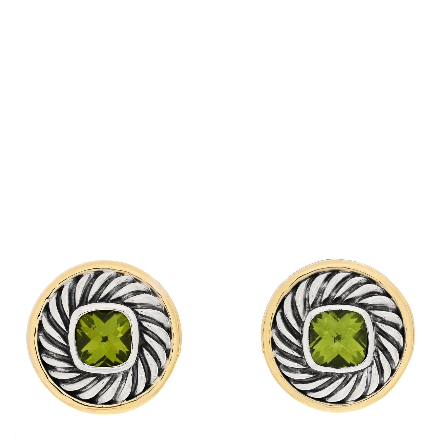 David Yurman Sterling Silver 18K Yellow Gold Peridot Cookie Cable Earrings 1 of 5