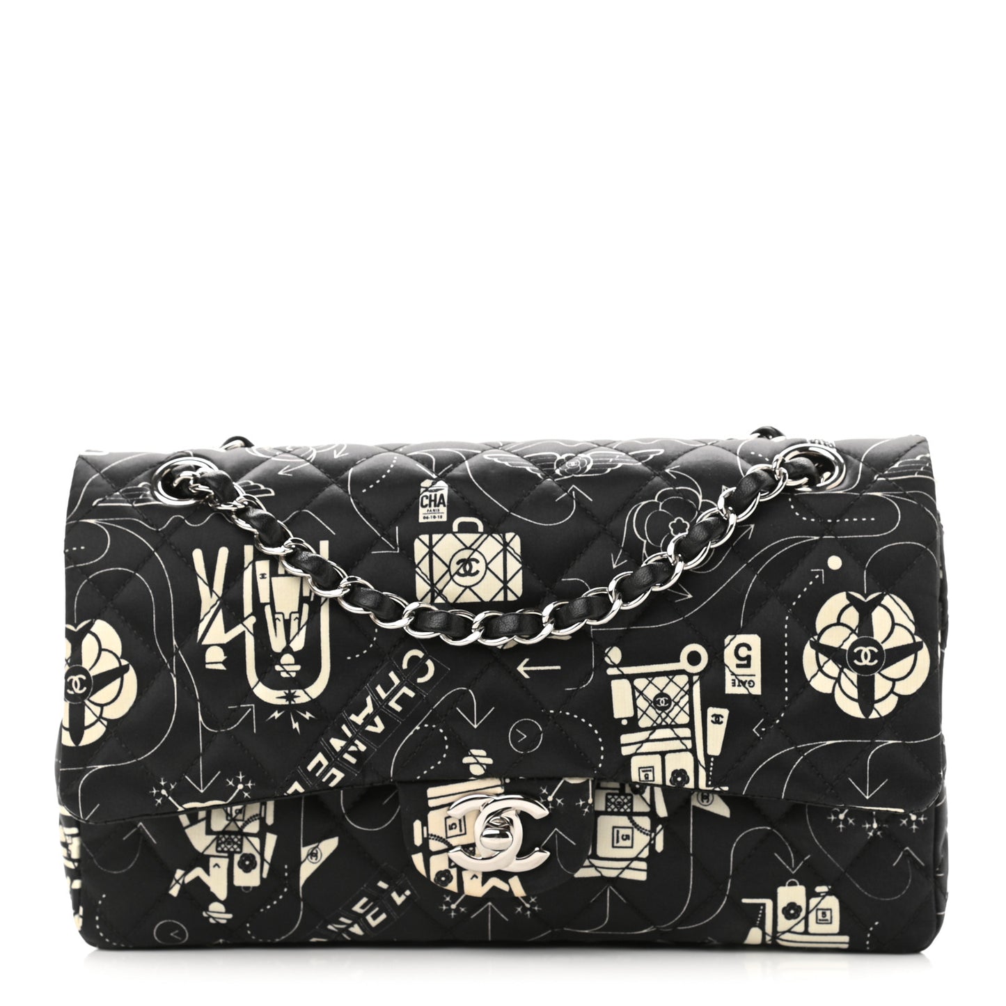 Satin Airline Printed Medium Double Flap Black White