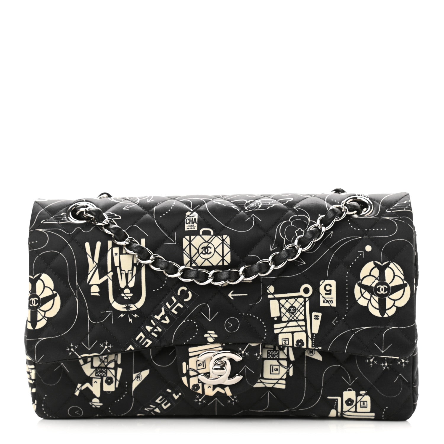 Chanel Satin Airline Printed Medium Double Flap Black White 1 of 10