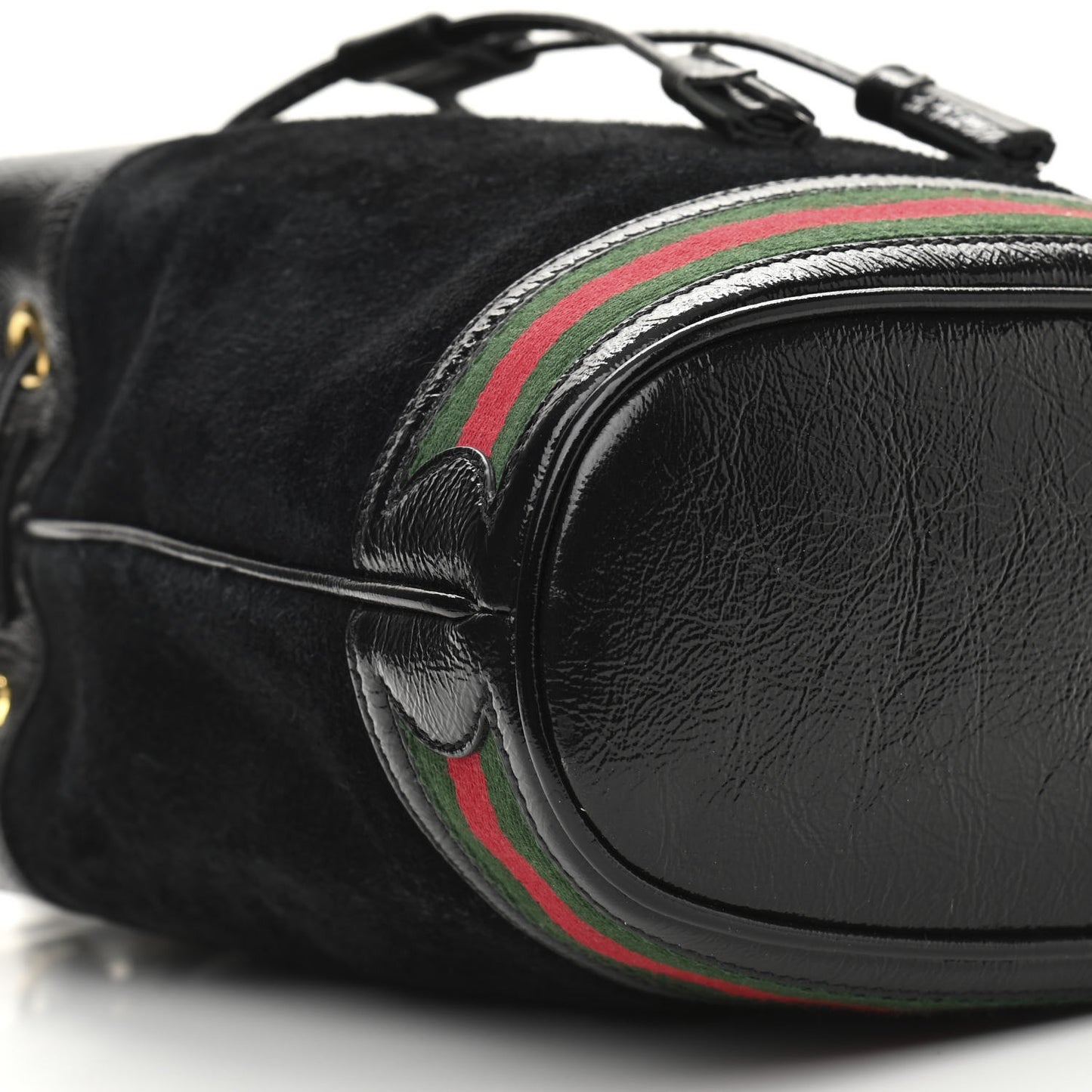Suede Patent Web Small Ophidia Bucket Bag Black