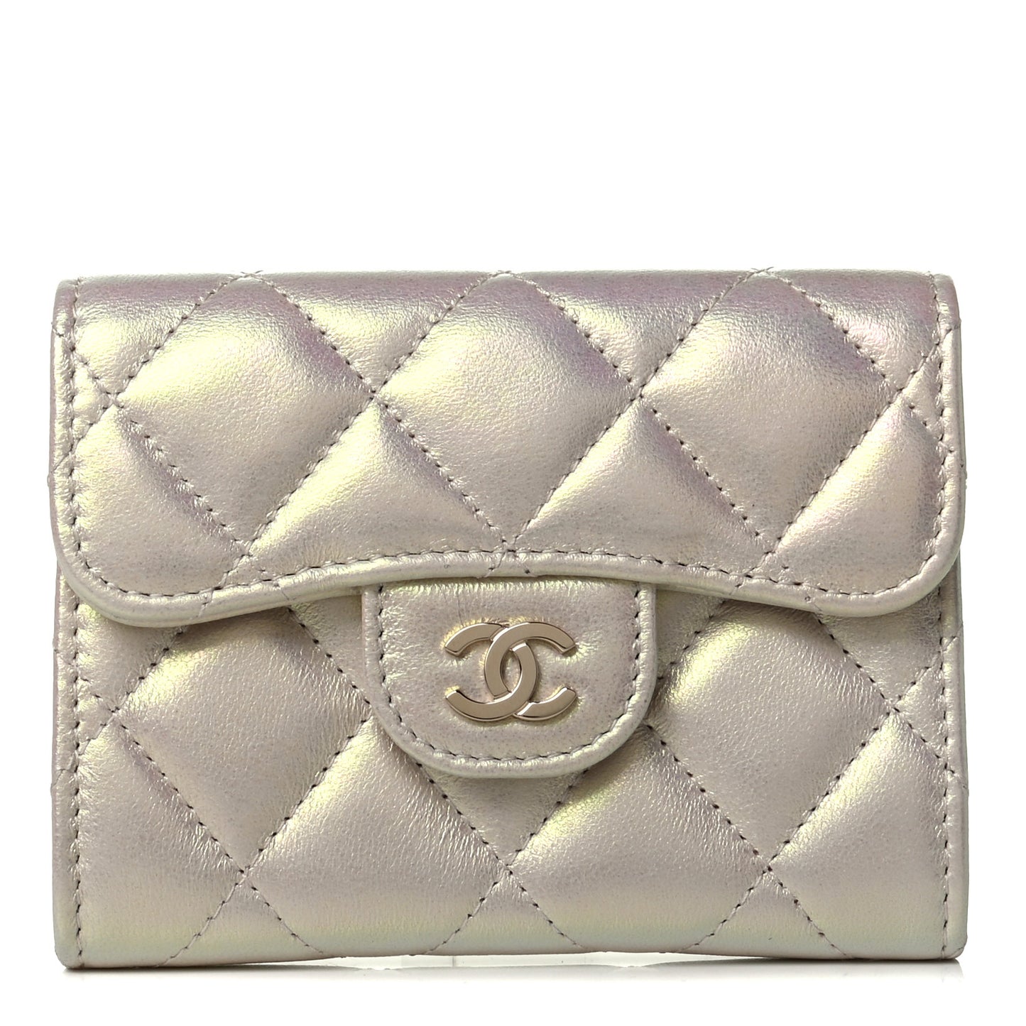 Iridescent Lambskin Quilted Flap Card Holder Wallet Ivory