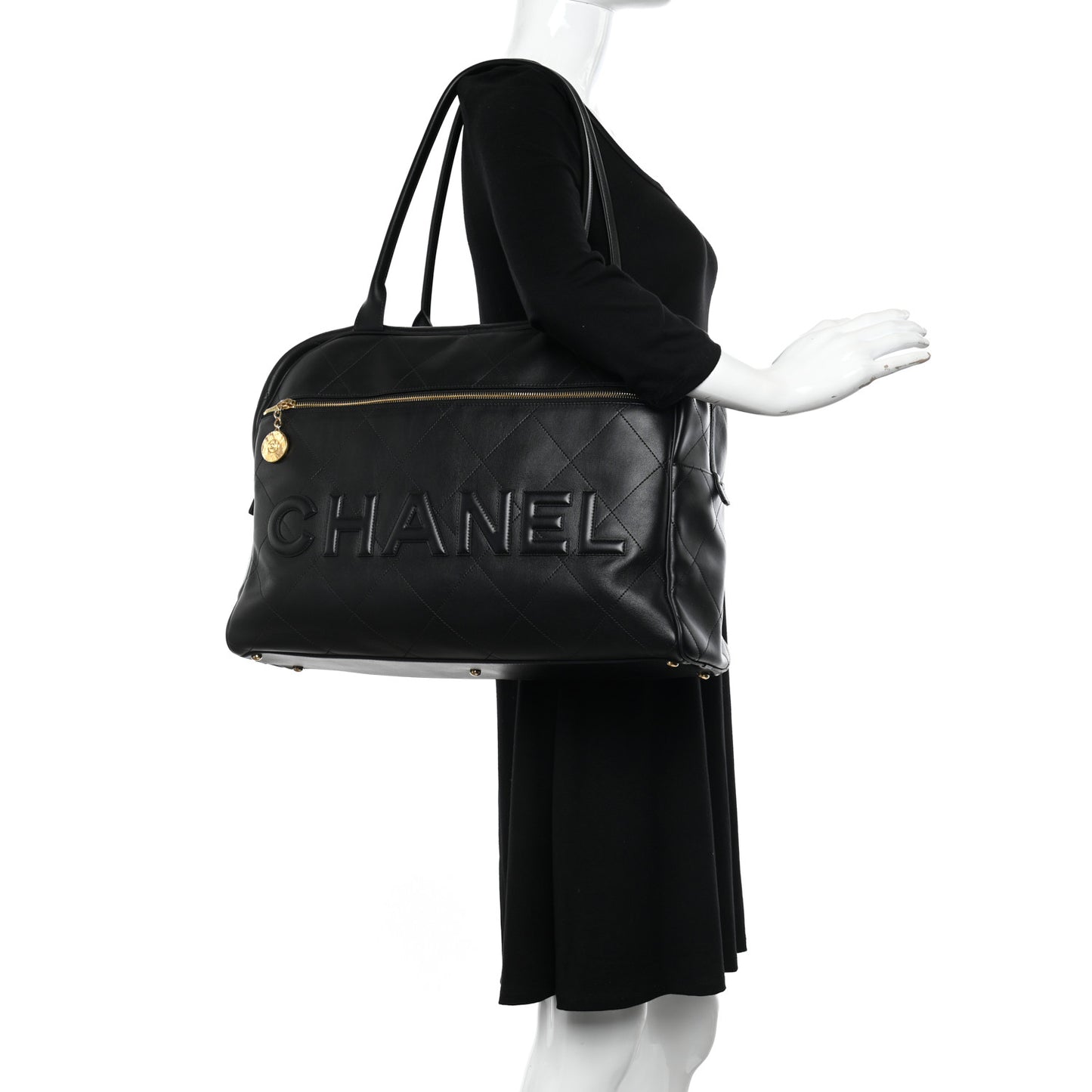 Calfskin Stitched Maxi Logo Bowling Bag Black
