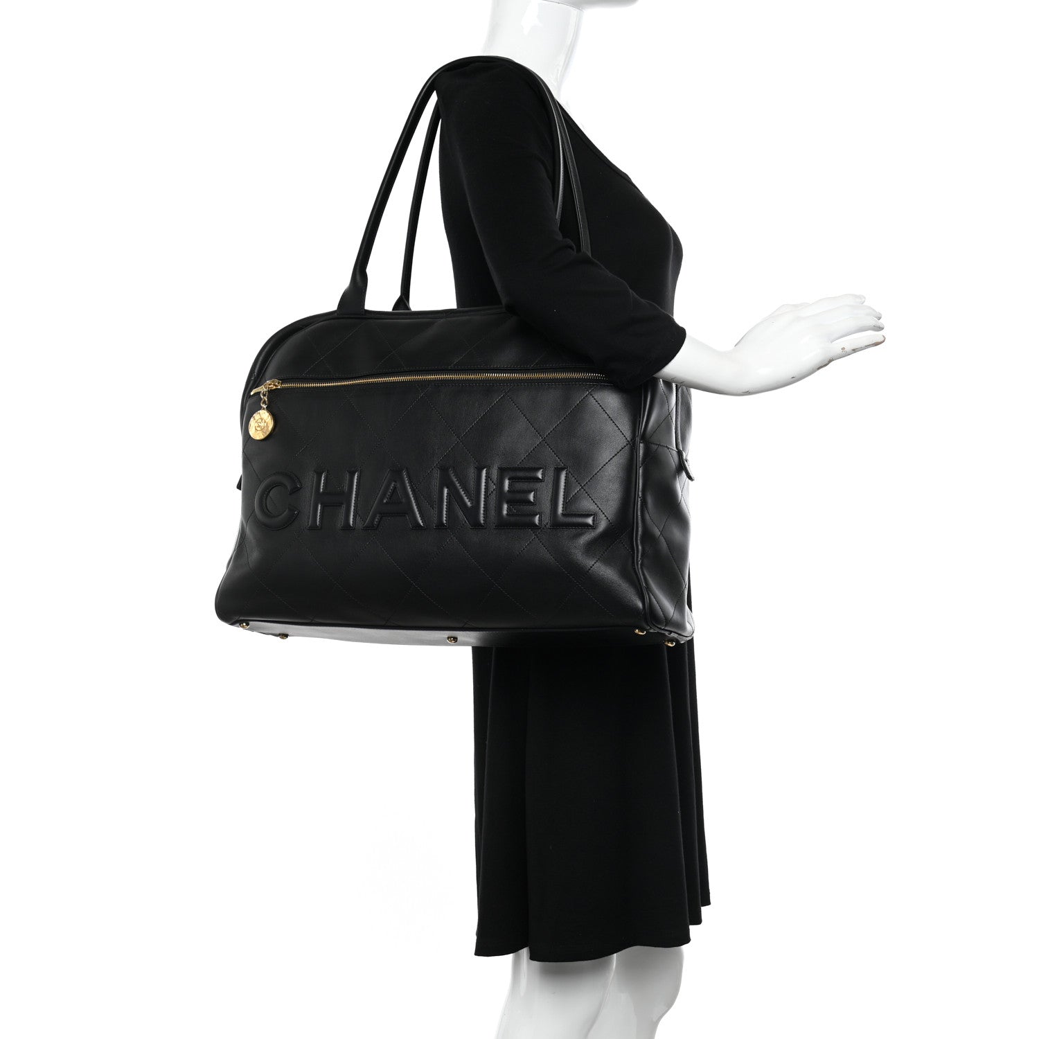 Chanel Calfskin Stitched Maxi Logo Bowling Bag Black 2 of 10