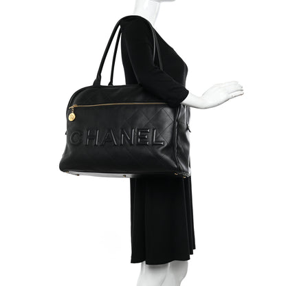 Chanel Calfskin Stitched Maxi Logo Bowling Bag Black 2 of 10
