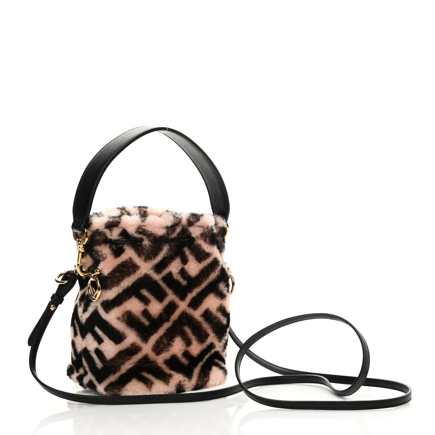 Shearling F is Fendi Macro FF 1974 Diagonal Mini Mon Tresor Bucket Bag Light Rose Black