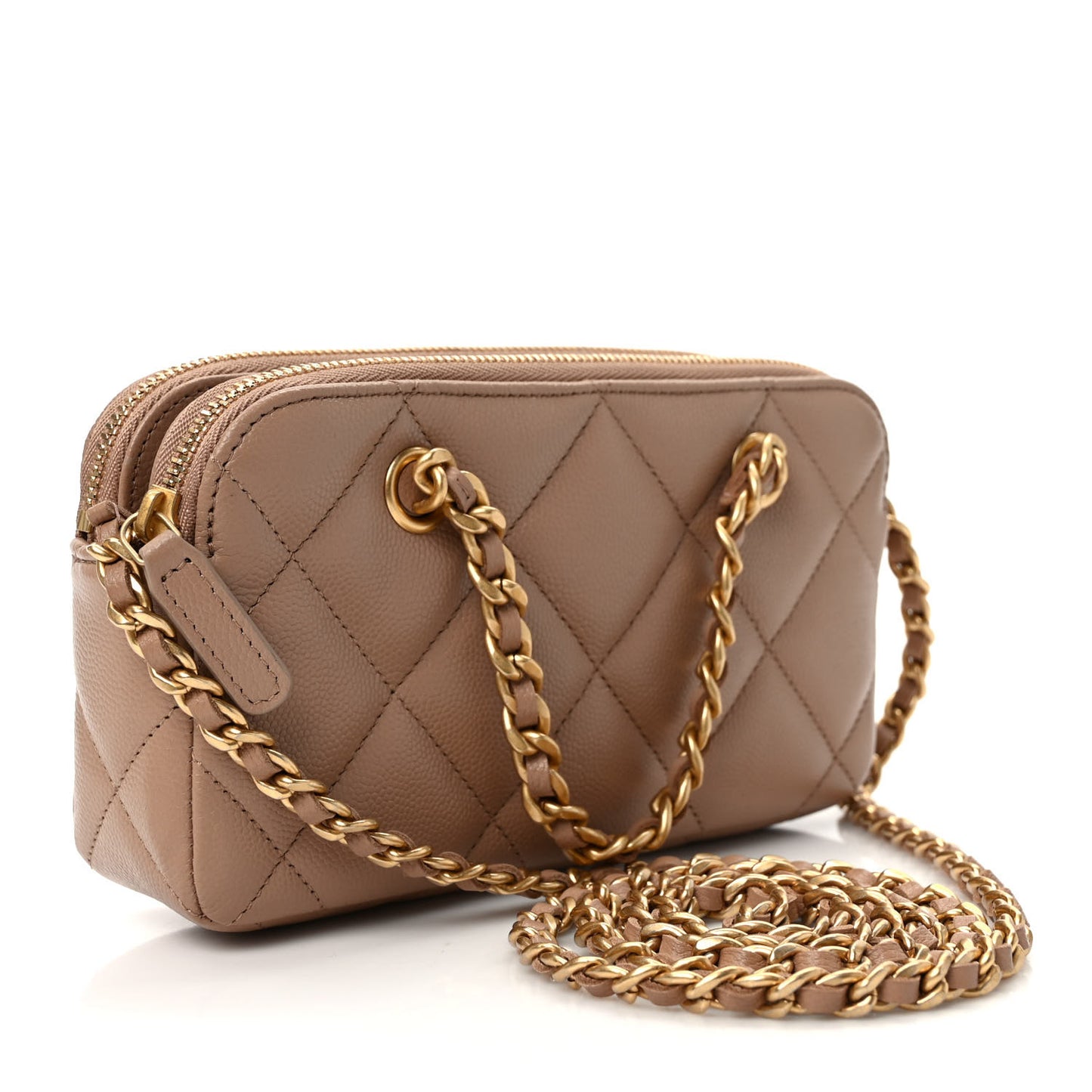 Caviar Quilted Small Clutch With Chain Beige
