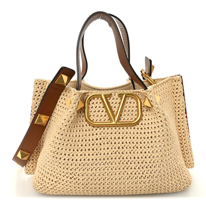 Valentino Garavani Raffia Grained Calfskin Small Rockstud Vlogo Tote Naturale 1 of 14