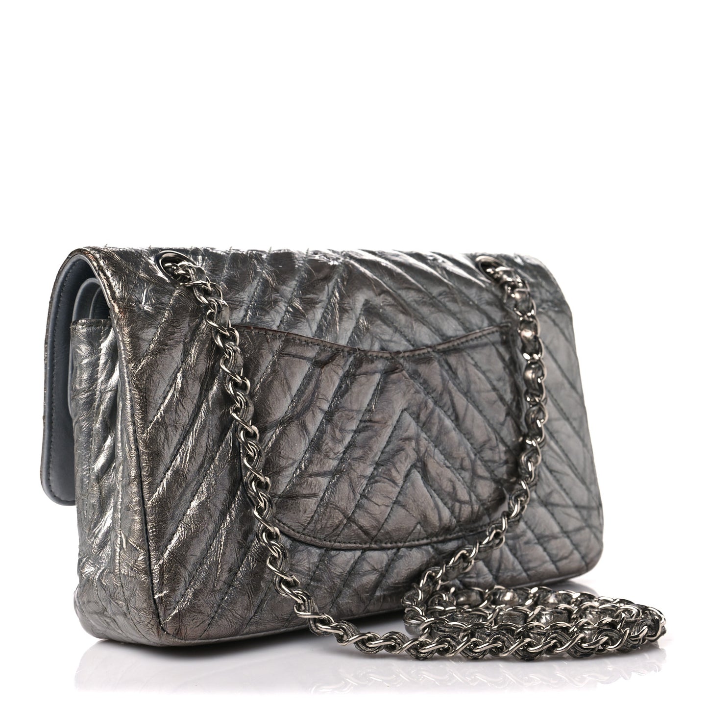 Metallic Patent Crumpled Calfskin Chevron Quilted Medium Double Flap Silver