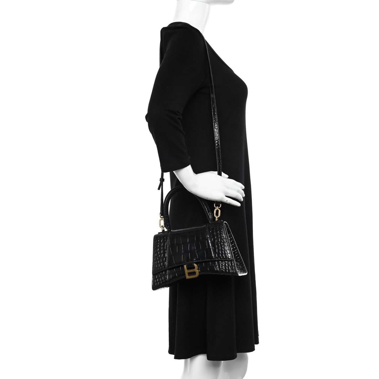 Shiny Calfskin Crocodile Embossed Small Hourglass Top Handle Bag Black