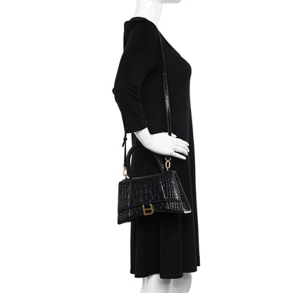 Balenciaga Shiny Calfskin Crocodile Embossed Small Hourglass Top Handle Bag Black 2 of 9