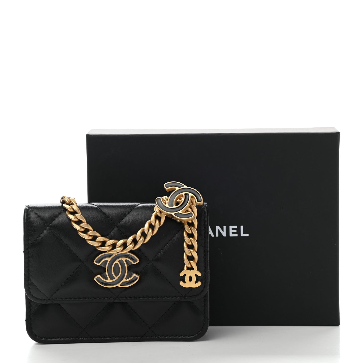 Lambskin Enamel Quilted Pending CC Flap Belt Bag Black