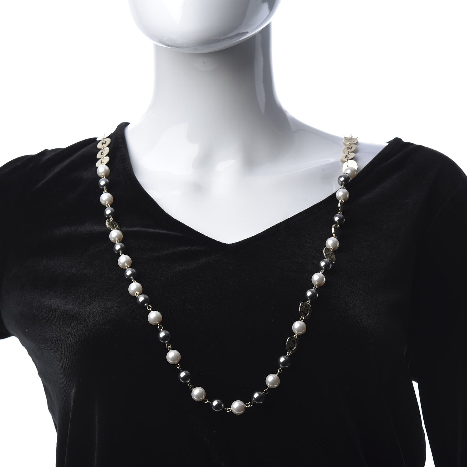 Chanel Pearl Papyrus Long Necklace Gold Pearly White Grey 2 of 4
