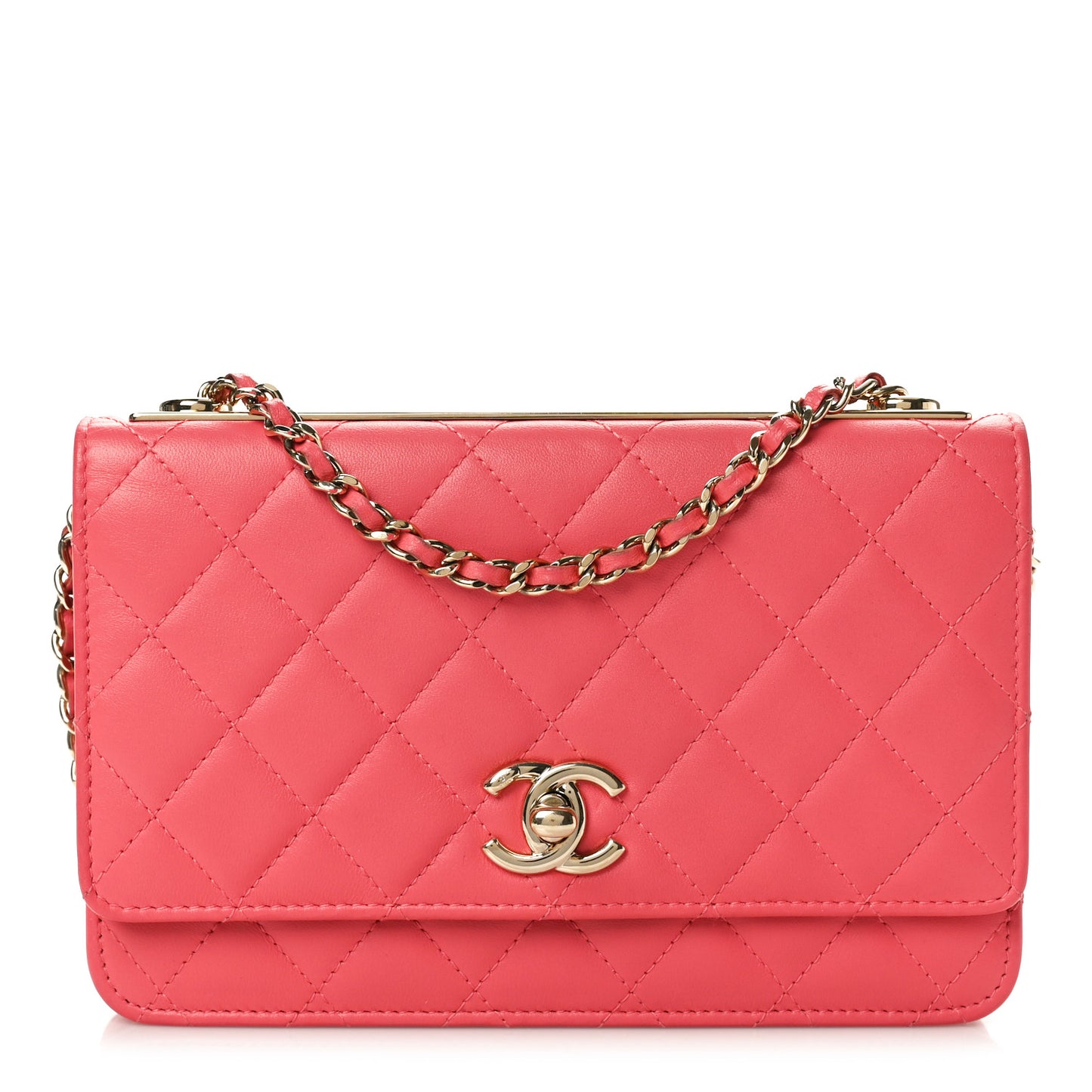 Lambskin Quilted Trendy CC Wallet On Chain WOC Pink