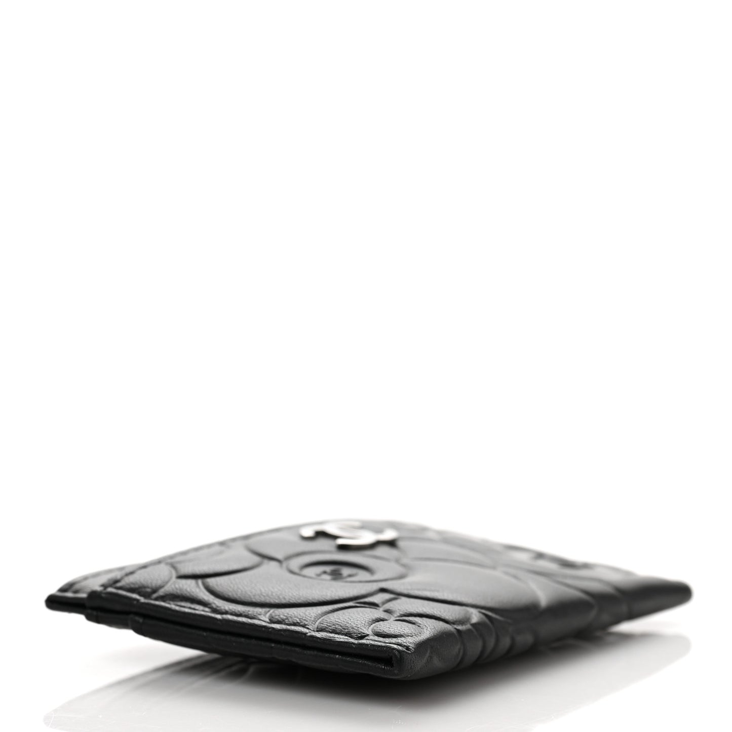 Lambskin Camellia Embossed Card Holder Black